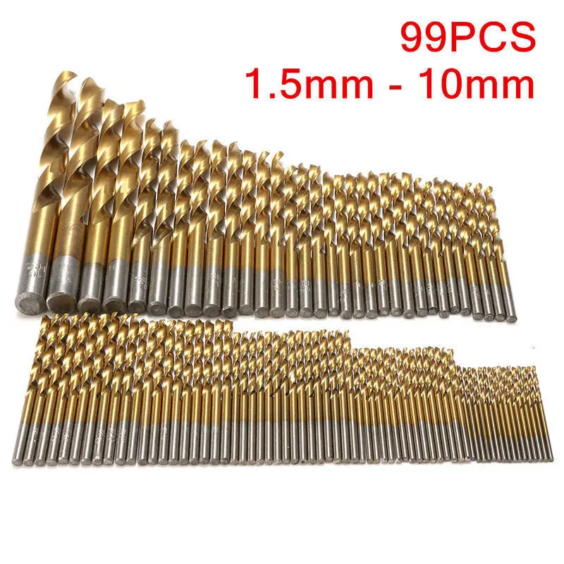 

99Pcs 1.5-10mm Titanium Coated Twist Drill Bits HSS High Speed Steel Drill Bits For Woodworking Plastic And Aluminum