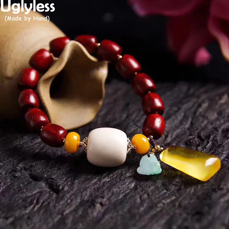 

Uglyless Elastic Rope Wood Bracelets for Women Amber Beeswax Bracelets Sandalwood Beading Bangles Gemstones Fine Jewelry BR314