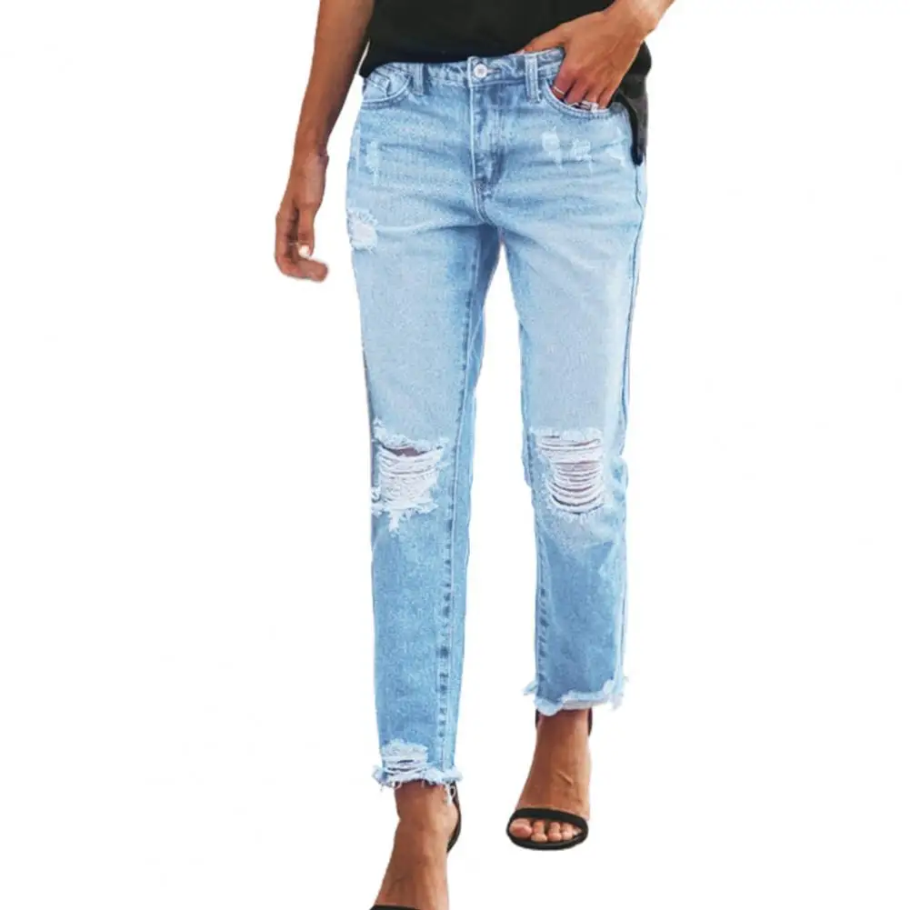 

Ele-choices Women Jeans Ripped Tassels Pockets Summer Solid Color Distressed Trousers Streetwear for Office Daily