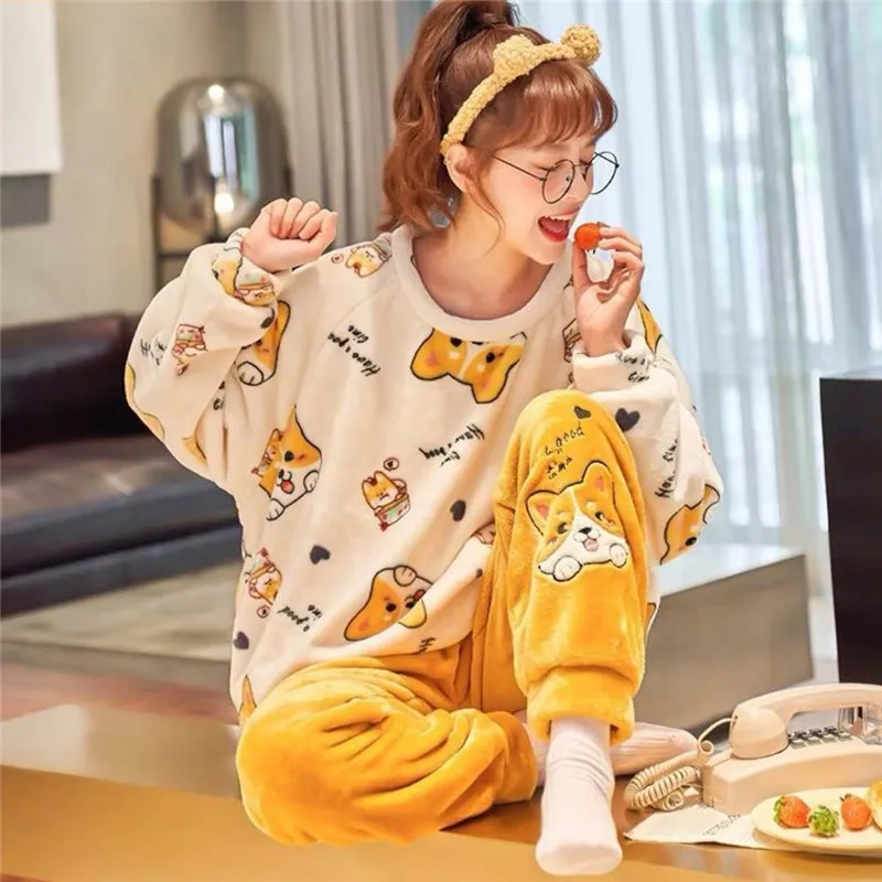 

Зимняя Фланелевая пижама кавайная Пижама для женщин аниме Muco Doge домашняя одежда в Корейском стиле Харадзюку повседневная одежда для отдыха