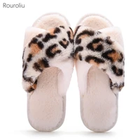 2021 faux fur slippers open toe home cotton shoes women leopard warm slides female winter casual cross furry shoes