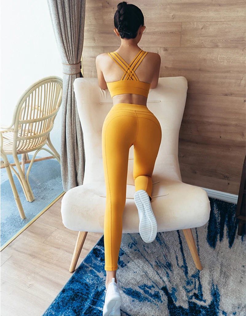 Oyoo 2 шт. желтый yoga комплект slim fit jogging femme спортивные костюмы Ремешками Спортивный Топ для бега одежда пикантные тренировочная одежда для женщин