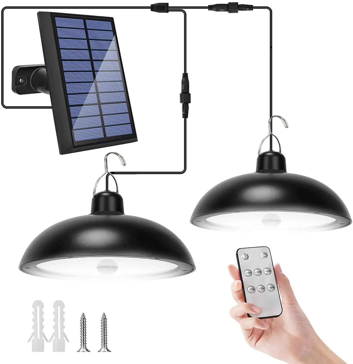 

Upgraded Double Head Solar Pendant Light Motion Sensor Waterproof Outdoor Indoor LED Shed Light with Dimmable Remote Control