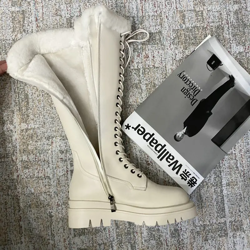 

Winter Warm Wool Boots Women High Heel Knee High Boots Black Beige Brown Superfine Fiber Waterproof Thick Heel Fur Women Boots