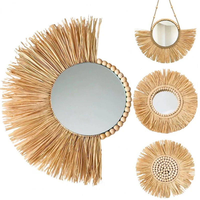 

40CM Acrylic Hanging Mirror Moroccan Style Straw Wood Beads Pendant Decorative Ornament Sofa Background Wall Decor