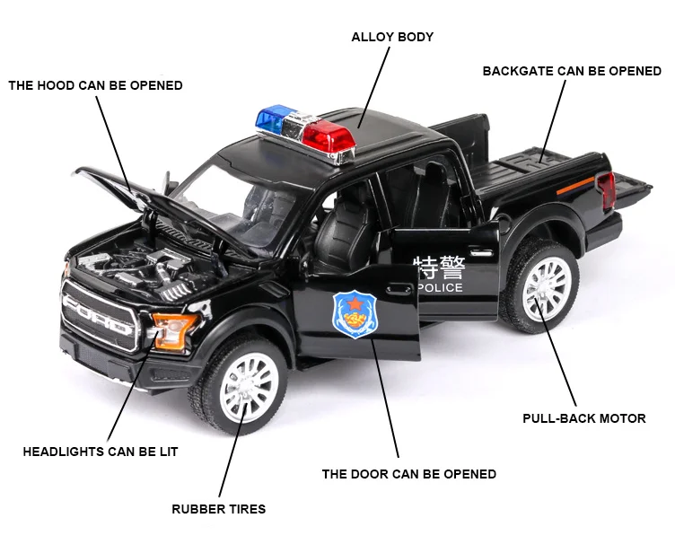 Автомобиль игрушечный FORD полицейский F150 металлический пикап со звуковым светом