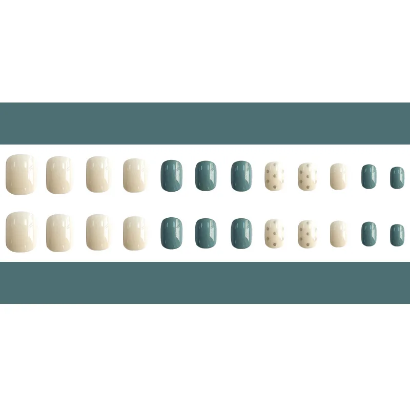 

2021 ins spring new short square meter green wave point manicure detachable false nail patch finished product fake nails