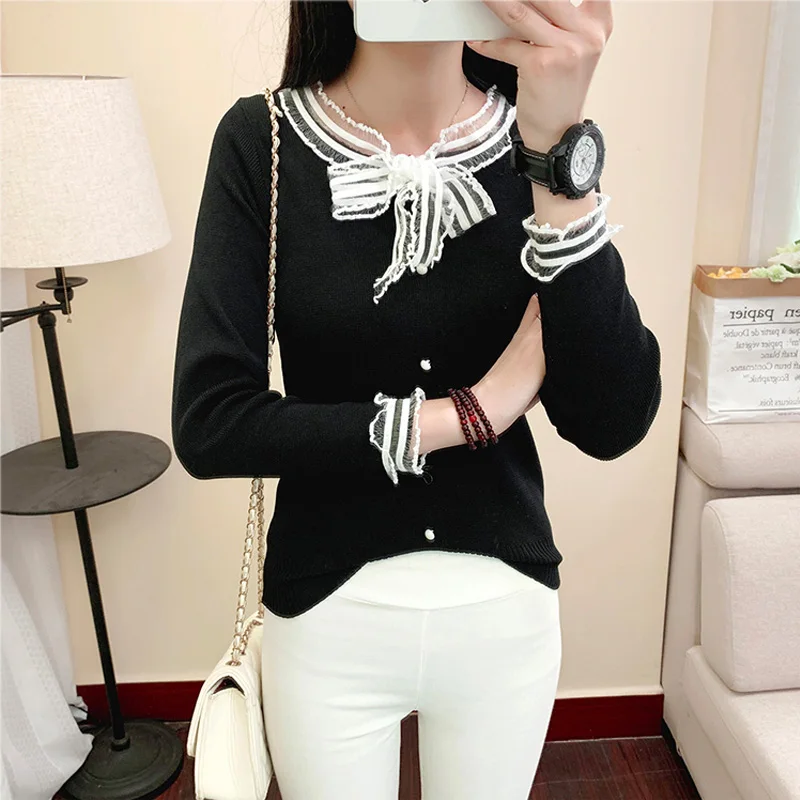 Lucyever лоскутное кружево лук вязаный свитер женский длинный рукав o-образным