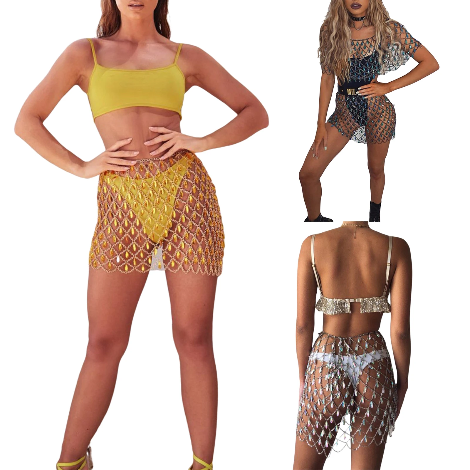 

hirigin Women Rhinestone Skirt Bikini Crystal Cover-Ups Fishnet Mesh Cover Up Swimwear Beach Bathing Suit Mesh Hollow Out Dress