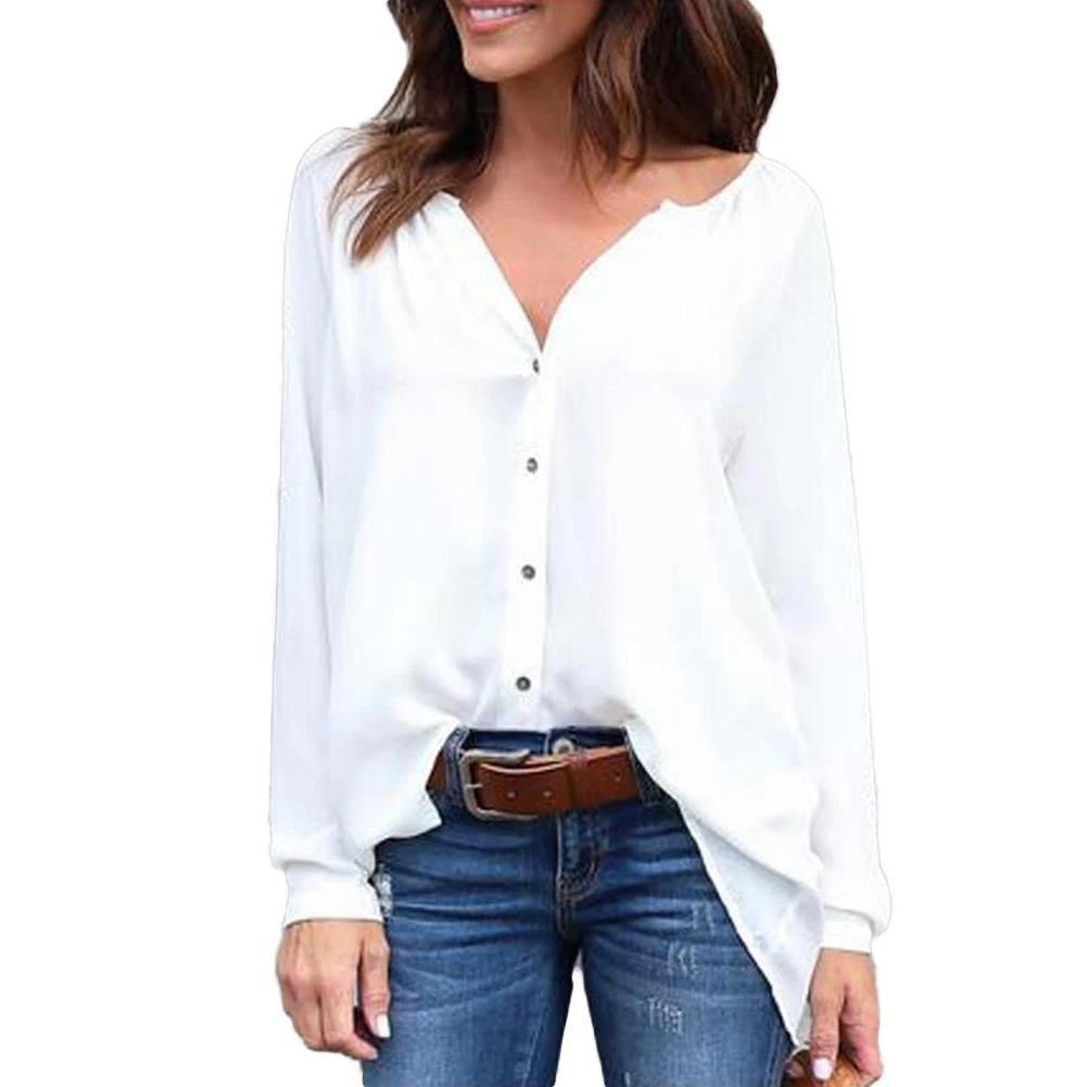 Однотонная плиссированная рубашка с v-образным вырезом и пуговицами длинным