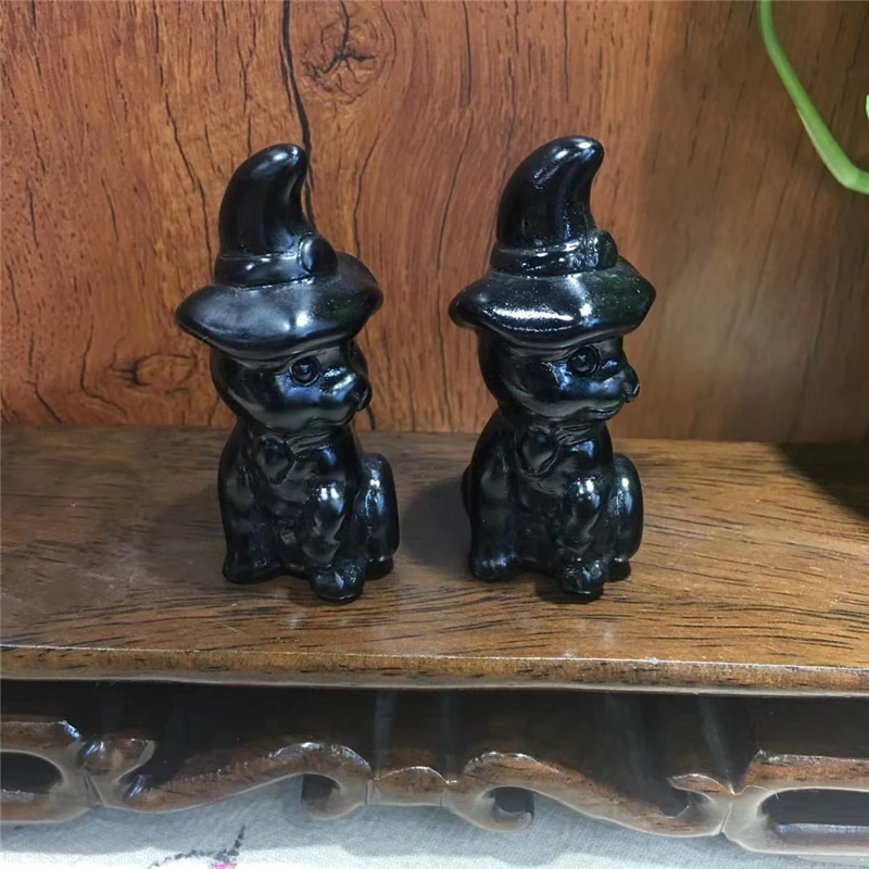 

Wholesale Price Hot Sell High Quality Crystal Hand Carved Black Obsidian Witch Cat For Halloween Gift