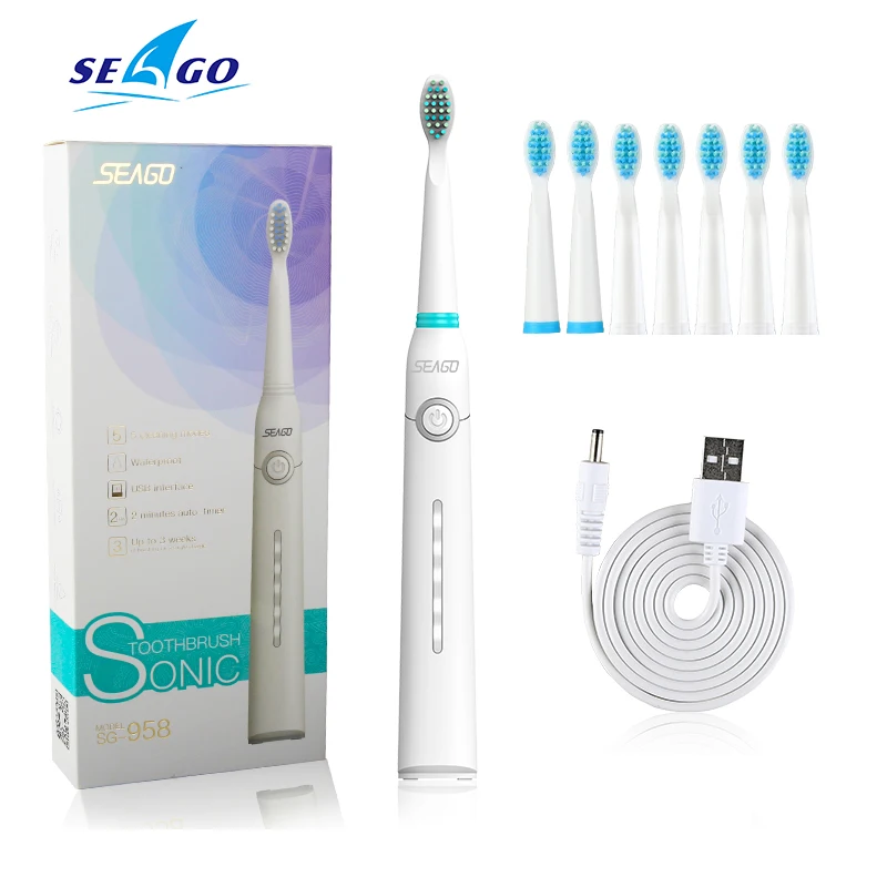

Seago Waterproof Sonic Electric Toothbrush USB Rechargeable Tooth brush Set 5 working Modes with 3pc DuPont Brush Heads SG958