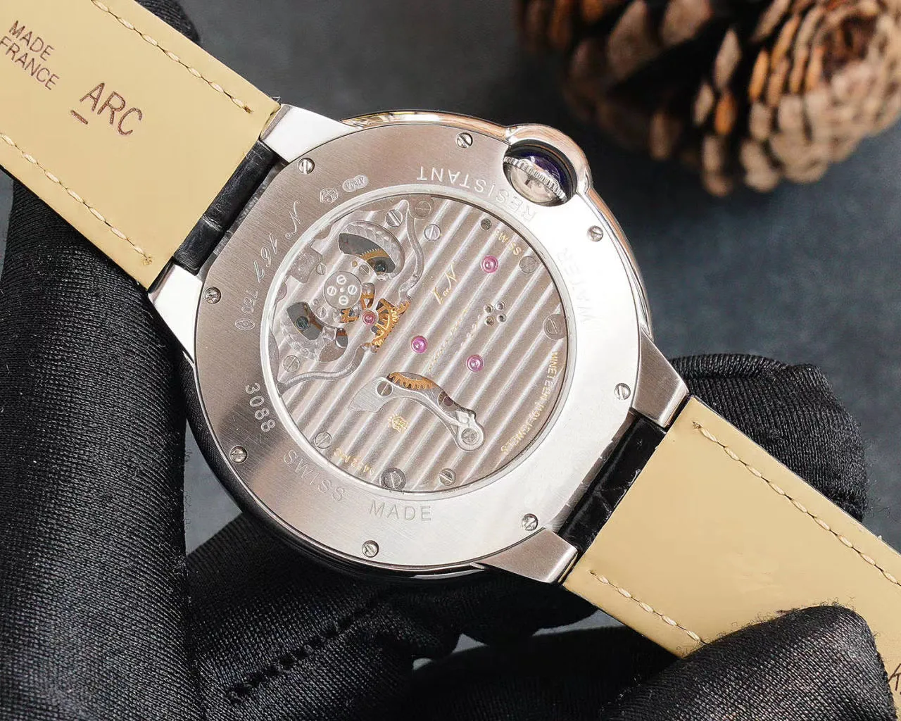 

Luxury Brand New Men Silver Automatic Mechanical Tourbillion Stainless Steel Black Blue Red Leather Watch Sapphire Glass Back