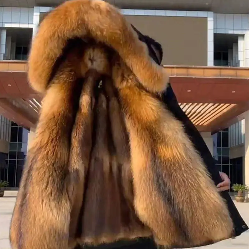 

2021 New Winter Men's Pie Overcoming High Simulation Fur Collar Detachable Liner Mid-length Thick Loose Fur Men's Parkas Coat