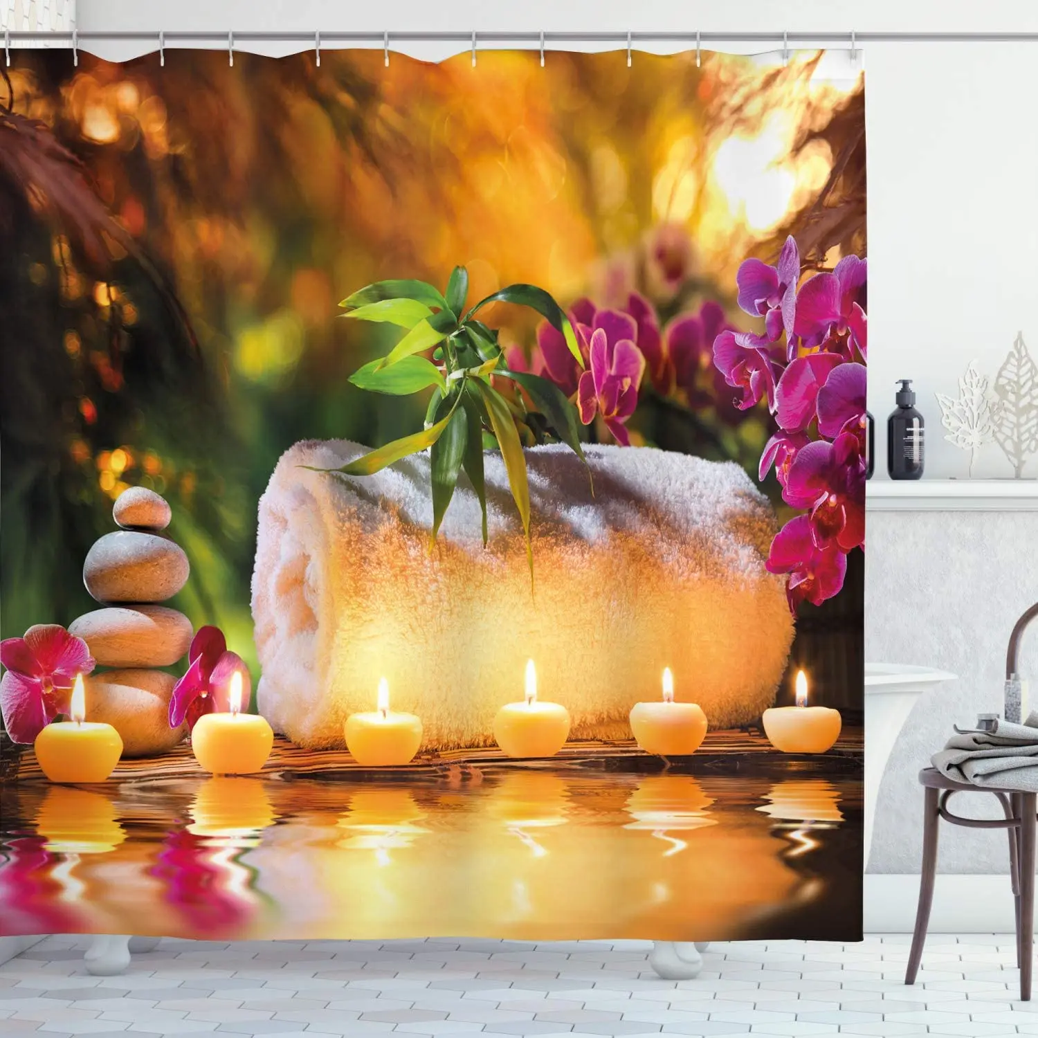 

Занавески для душа Zen Classic Spa Day Joy in The Garden с романтическими свечами и орхидеями тканевый комплект для декора ванной комнаты с крючками