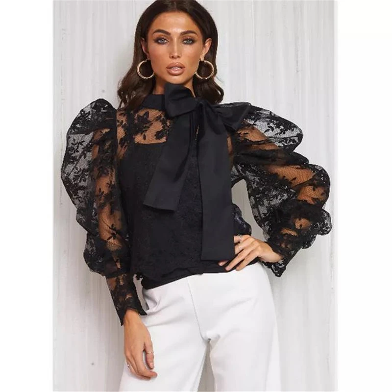 Женские блузки и топы модный кружевной сетчатый топ с пышными длинными рукавами