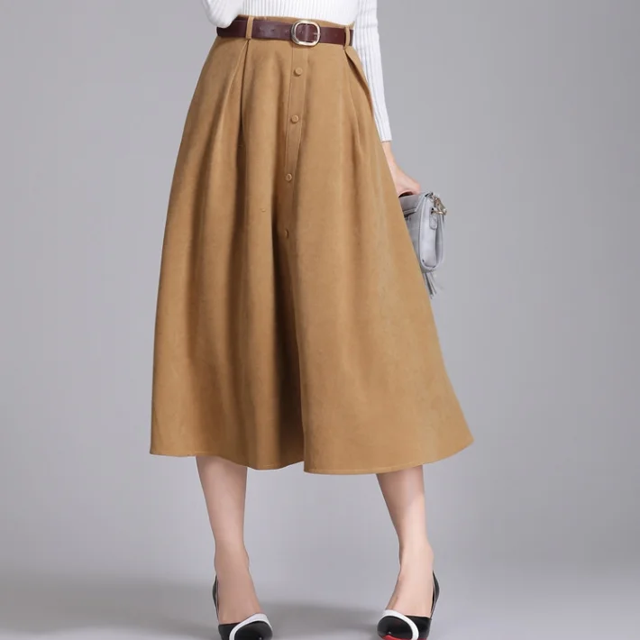 Женская замшевая юбка средней длины длинная винтажная на пуговицах с поясом и