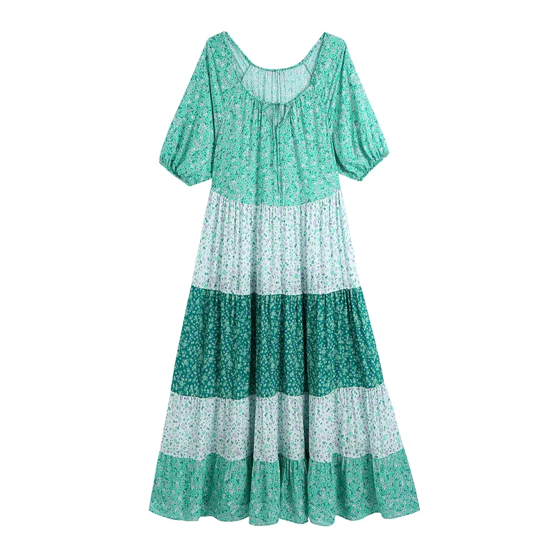 

Women ZA floral print panelled dress Fashion Casual round neck short puff sleeves vintage Female midi dress long summer dresses