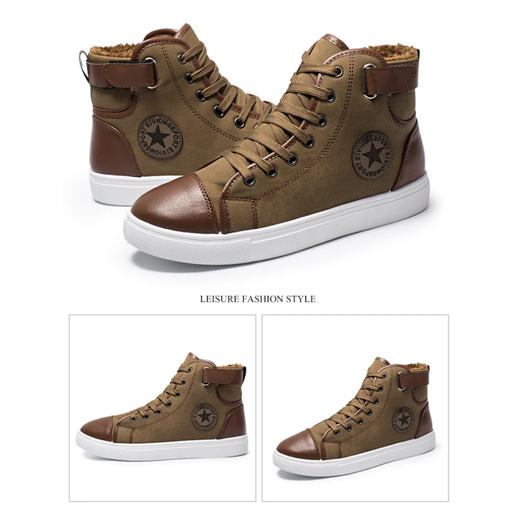 khaki Модные сникерсы, меховые, теплые, для мужчин, классические, на шнуровке, высокие, стильные, зимние, вулканизированные, плоская подошва, повседневная обувь для мужчин, большие размеры 38-47 - Цвет: khaki
