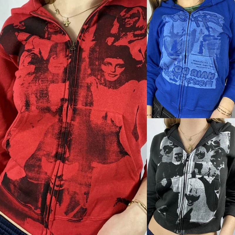 

Women Autumn Zip Up Hoodie Jacket Harajuku Gothic Punk Abstract Portrait Graphic Sweatshirt Coat Long Sleeve Outwear With Pocket