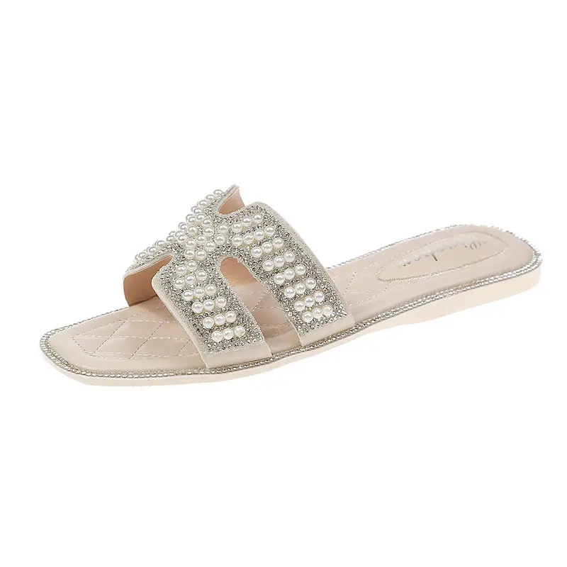 

Spring/Summer New Women Slides 2021 Fashion Solid Color Flat Shoes Sandals Pearl Rhinestone Women's All-match Casual Slippers
