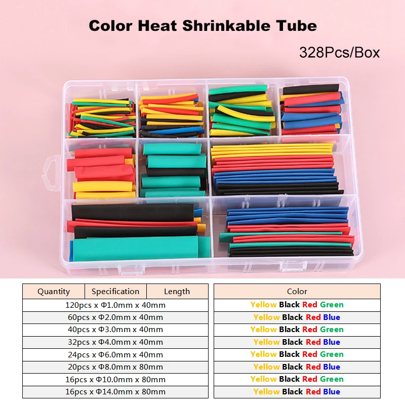 

328pcs Color Heat Shrinkable Tube Box Kit 2:1 Thermal Casing Shrinking Protection Tubing Assorted Wire Cable Insulation Sleeving