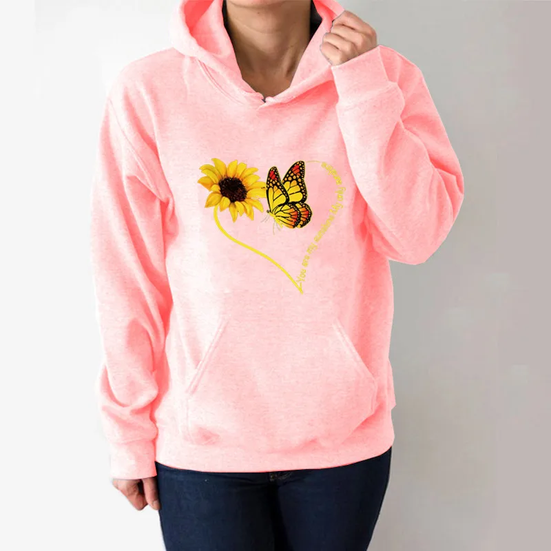 

Butterfly Sunflower Heart Printed Hoodies Women Fleece Long Sleeve Loose Sweatshirt with Hat Girls Women Hoodie PulloversWinter