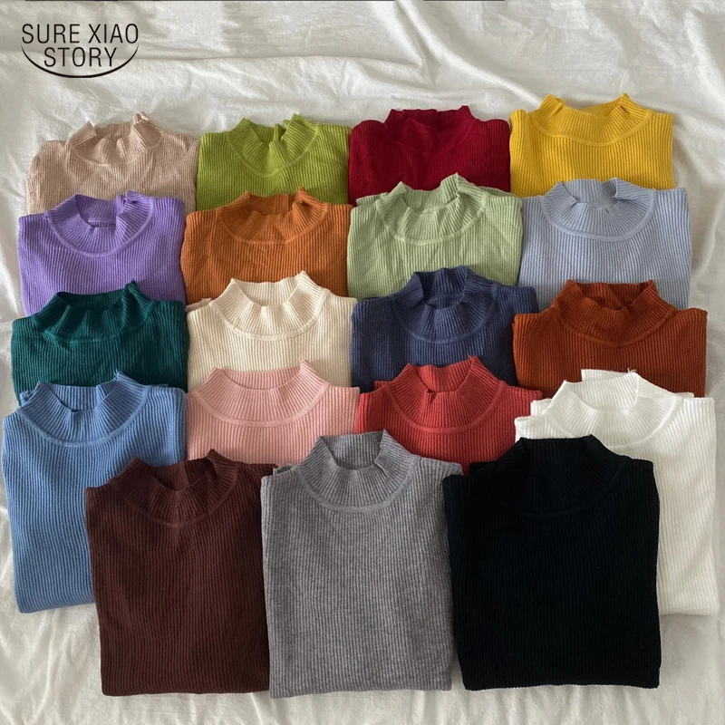 

2021 Winter Slim Rainbow Sweater Women Long Sleeve Tight Sweater Women Inside Solid Half High Neck Bottoming Shirt Sweater 16685