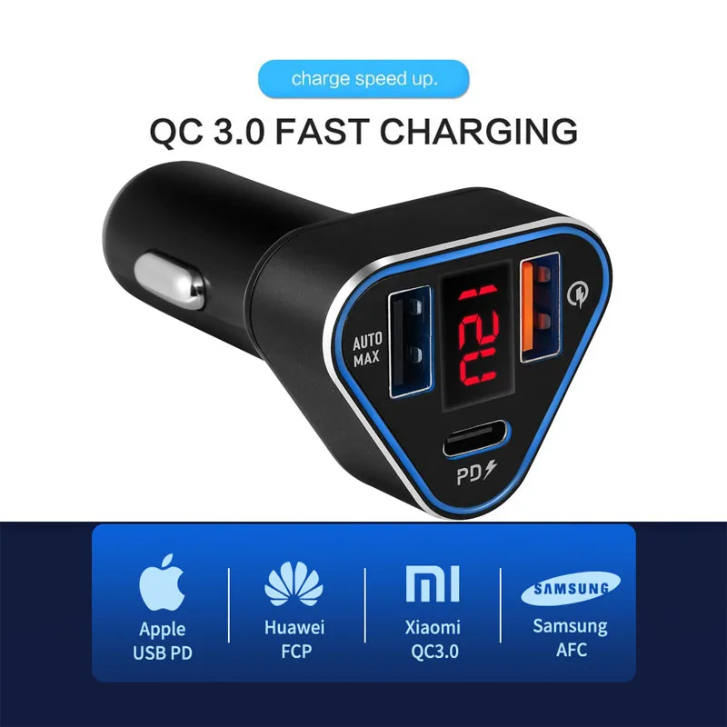 3 в 1 Автомобильное зарядное устройство QC 0 USB PD Type C Быстрая зарядка ЖК дисплей для