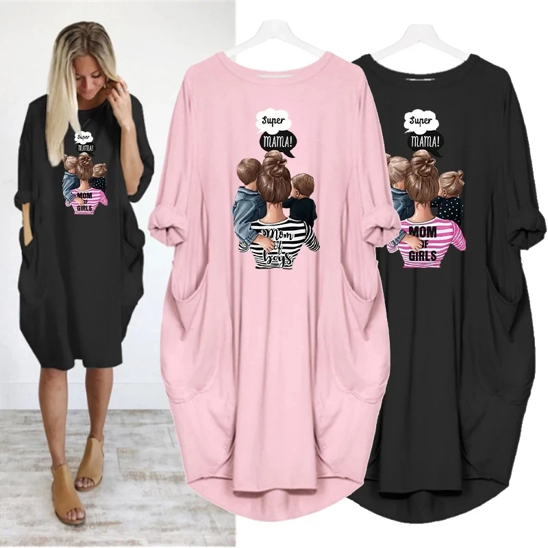 

Midi Dress Long Sleeve Loose Dresses For Women Casual 2022 Fall Super Mama Print O Neck Pocket Maternity Vintage Clothes Vestido