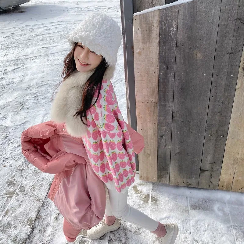 

Pink sweater women loose outer wear 2020 autumn and winter new foreign style mid-length all-match cashmere sweater