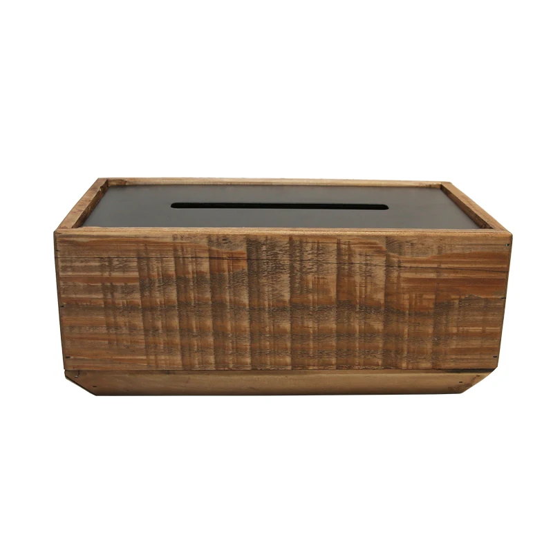 

Antique Handicraft Wooden Tissue Box with Black Metal Top