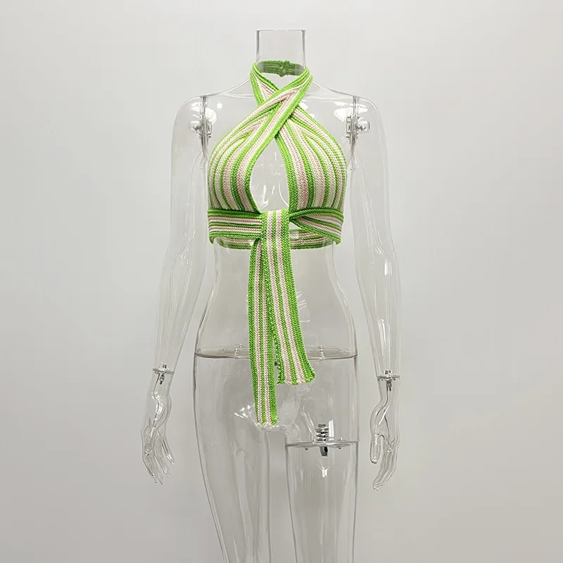 

Giyu Halter V-neck Knitted Bandage Crop Cops Camisoles Women Sexy Sleeveless Backless Color Matching Cropped High Street Y2k Top