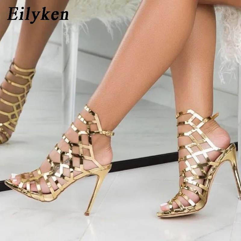 

Eilyken 2022 New Design Open ToeThin Heels Gladiator For Women Sandals Champagne Fashion Buckle Back Strap Ladies Shoes