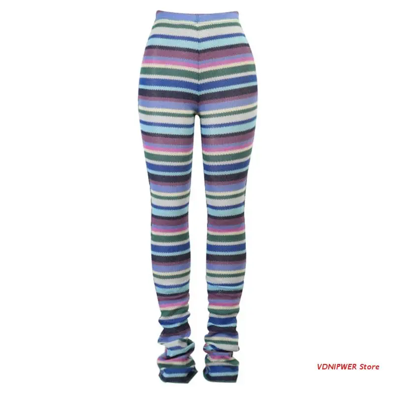 

Women High Waist Knitted Long Pants Multicolor Striped Skinny Stacked Trousers
