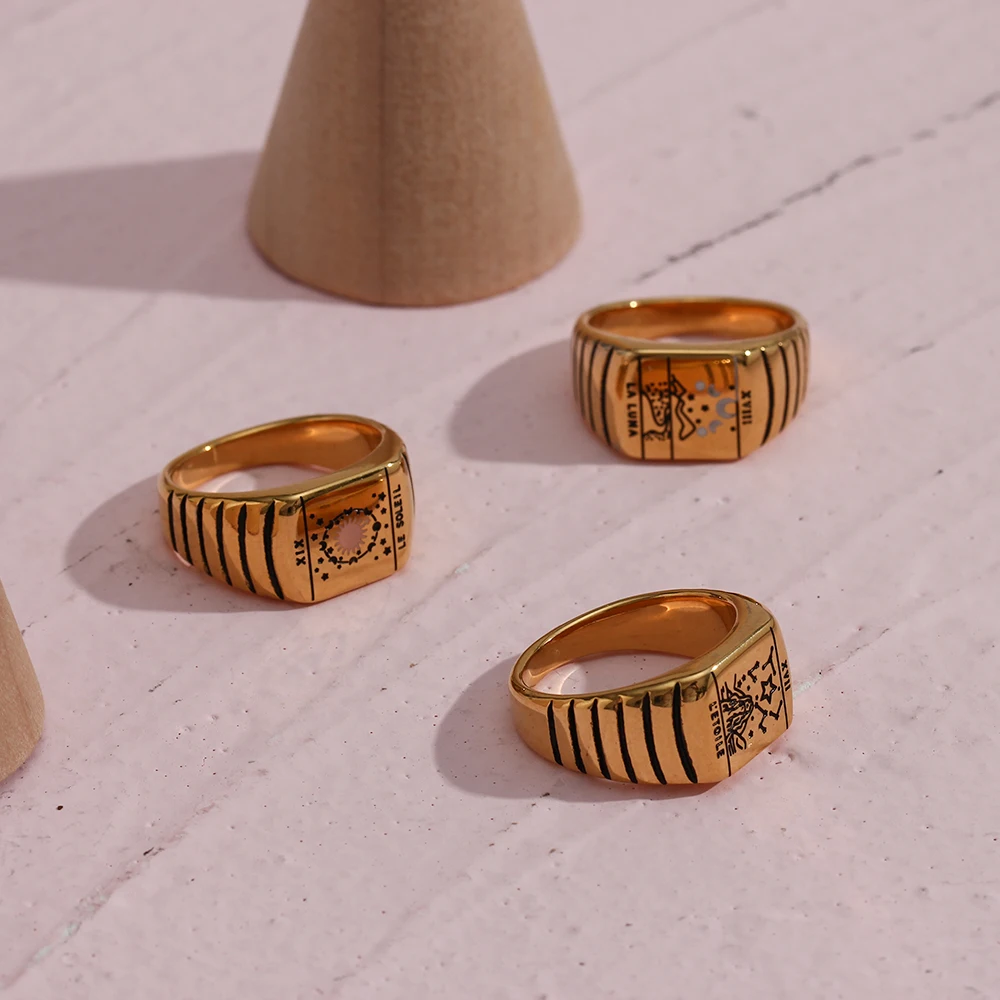 

21 Trendy Stainless Steel Gold Plated Waterproof Tarnish Free Tarot Rings Size 6 7 8 Gifts Present Weeding Fings For Women Girls