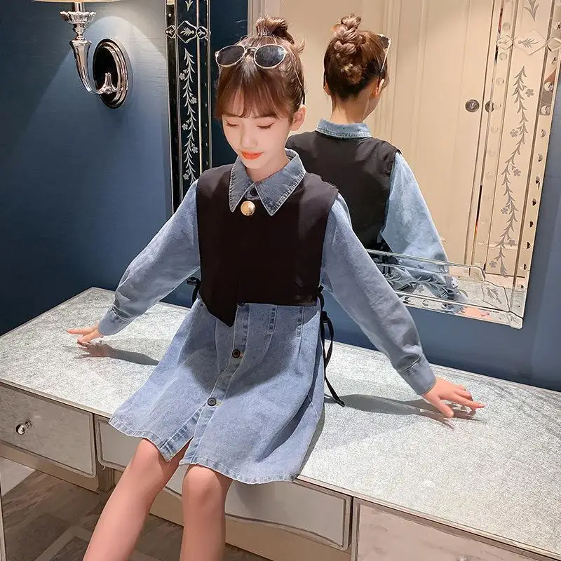 

Kids Girls Clothing Sets 2022 Autumn Denim Shirt Dress + Vest 2pcs Suit for Girls Party Clothes Fashion Children Costume 6 8 10