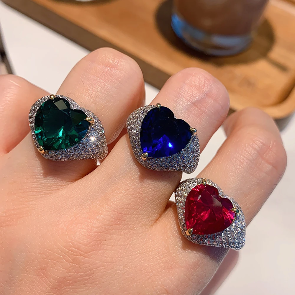 

Vintage 925 Sterling Silver 12*12mm Heart-shaped Ruby Emerald Sahpphire Zircon Rings For Women Luxury Party Fine Jewelry Gift