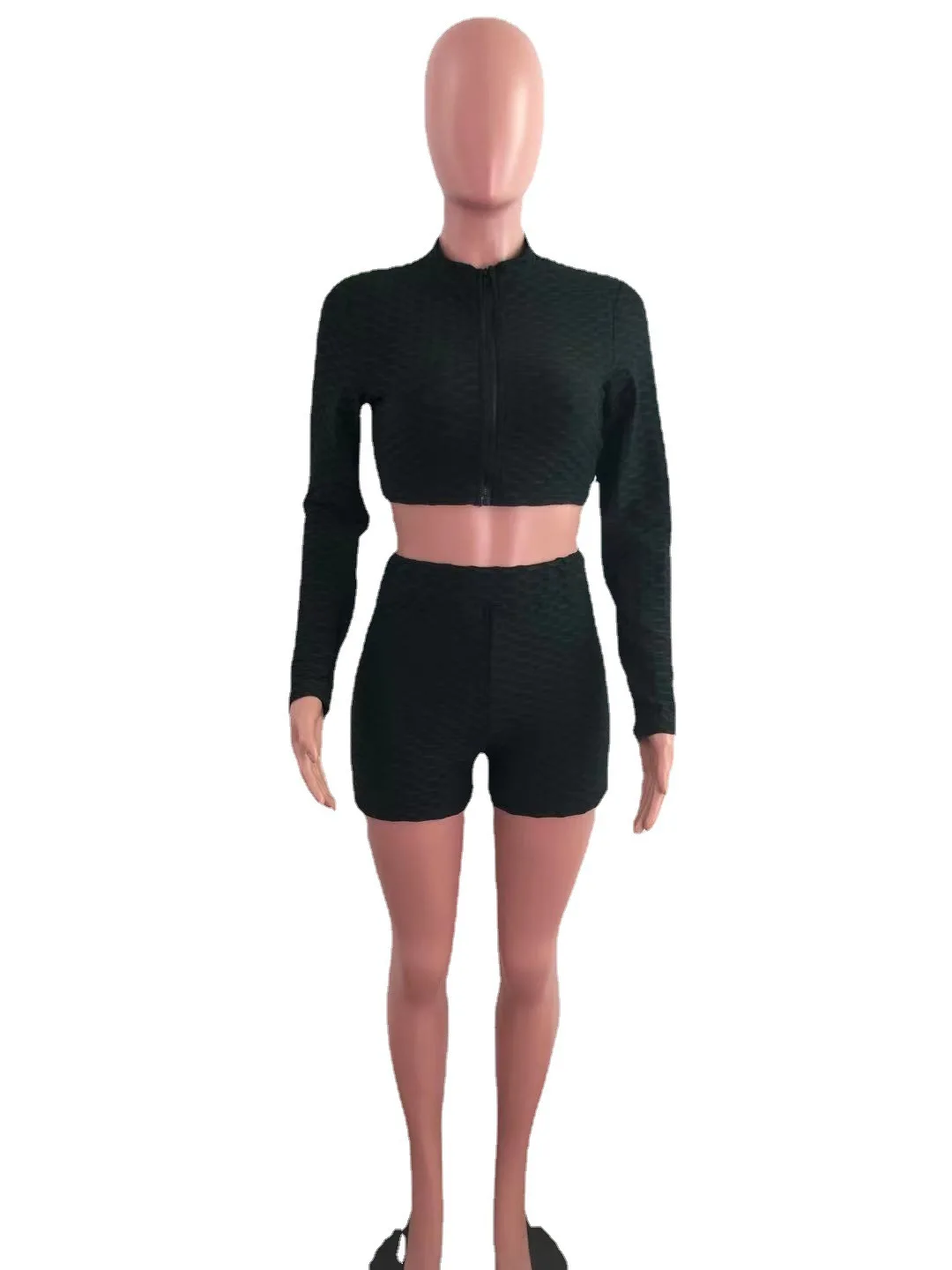

2021 summer new casual solid sports two piece slim V-Neck long sleeve top and shorts women's suit