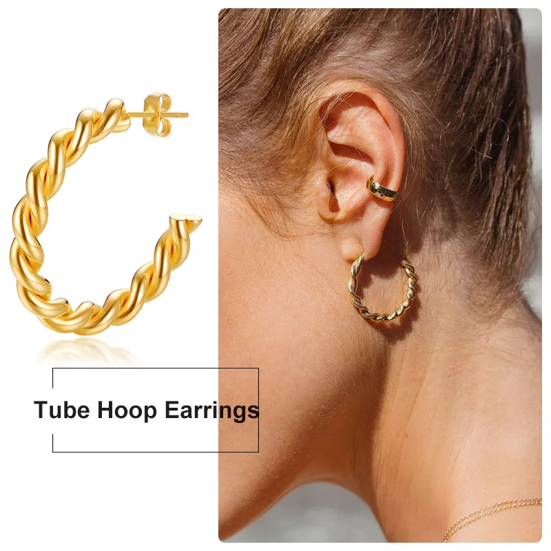 

Twisted Rope Earrings for Women Stainless Steel Hoops Open Croissant Chunky Earrings Hypoallergenic