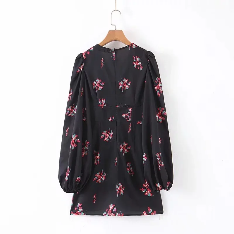 2019 Autumn Long Lanterns Leeve Black Floral Print Red V Neck Short Mini Slim Bodycon Dress Women MH117 | Женская одежда