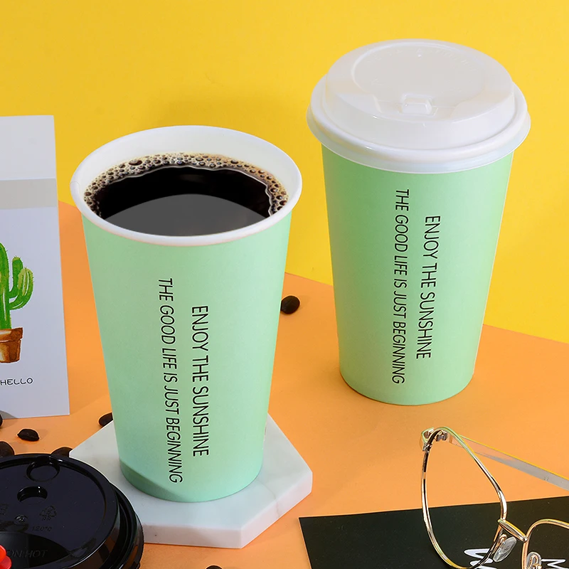 

50pcs High quality hot drink paper cup 500ml 16oz disposable milk tea cup thickening green coffee soy takeaway cups with lids