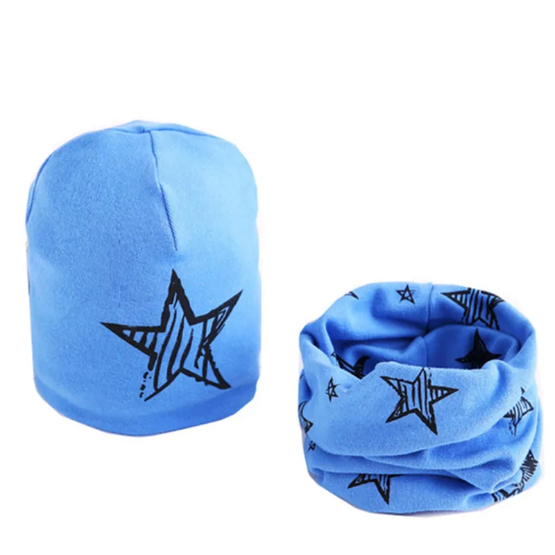 blue star Модный комплект с шапочкой для девочек, однотонный детский головной убор, весенние теплые детские шапочки с воротником для мальчиков, хлопковые детские шапки, шарф - Цвет: blue star