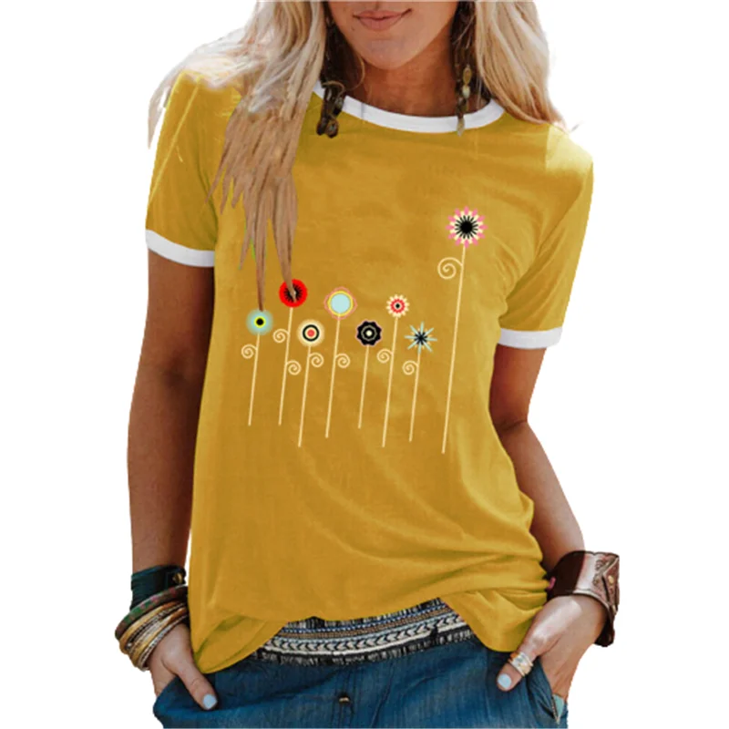 

5XL Color Floral Print Women T-Shirt New 2021 Summer Loose Big Size Casual O-Neck Short Sleeve Tee Fashion Street White Black To