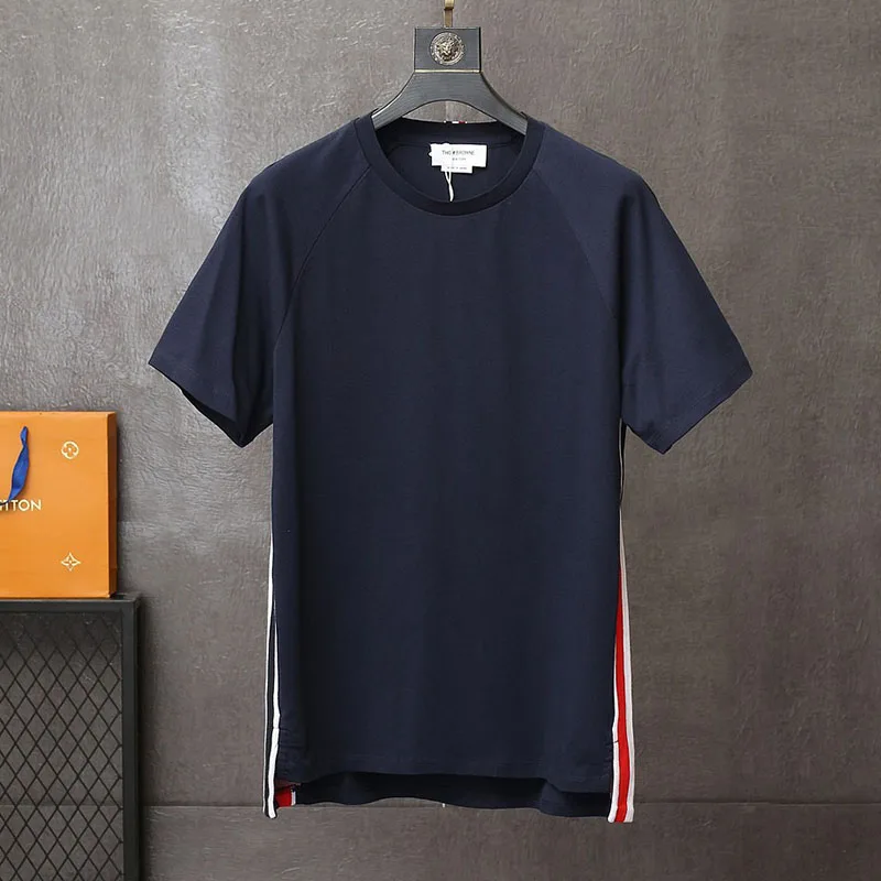 

2021 TB THOM Brand Fashion Collar Striped Patchwork Short-sleeved T-shirt Men Women Cotton Couple Summer Clothing