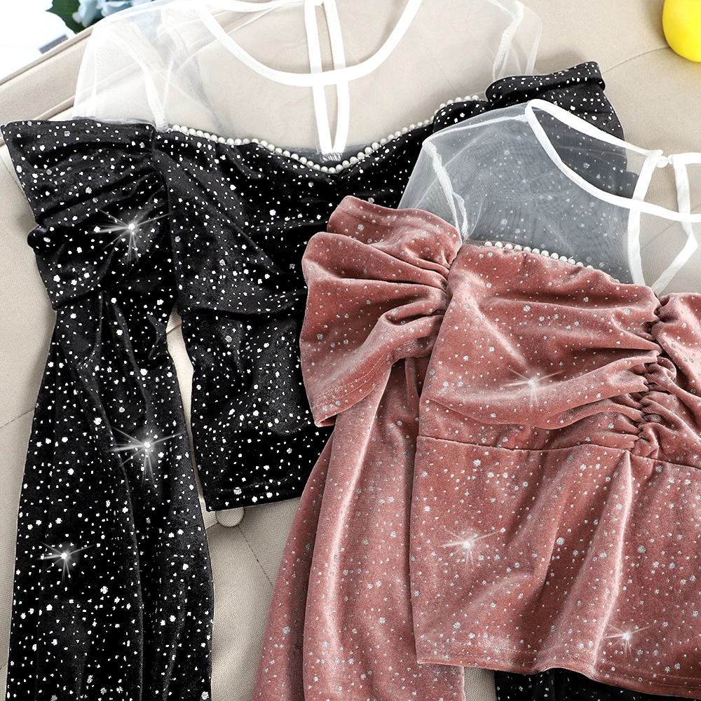 High waist slim short pleated snowflake wave point blouse light temperament mesh stitching lantern sleeve | Женская одежда