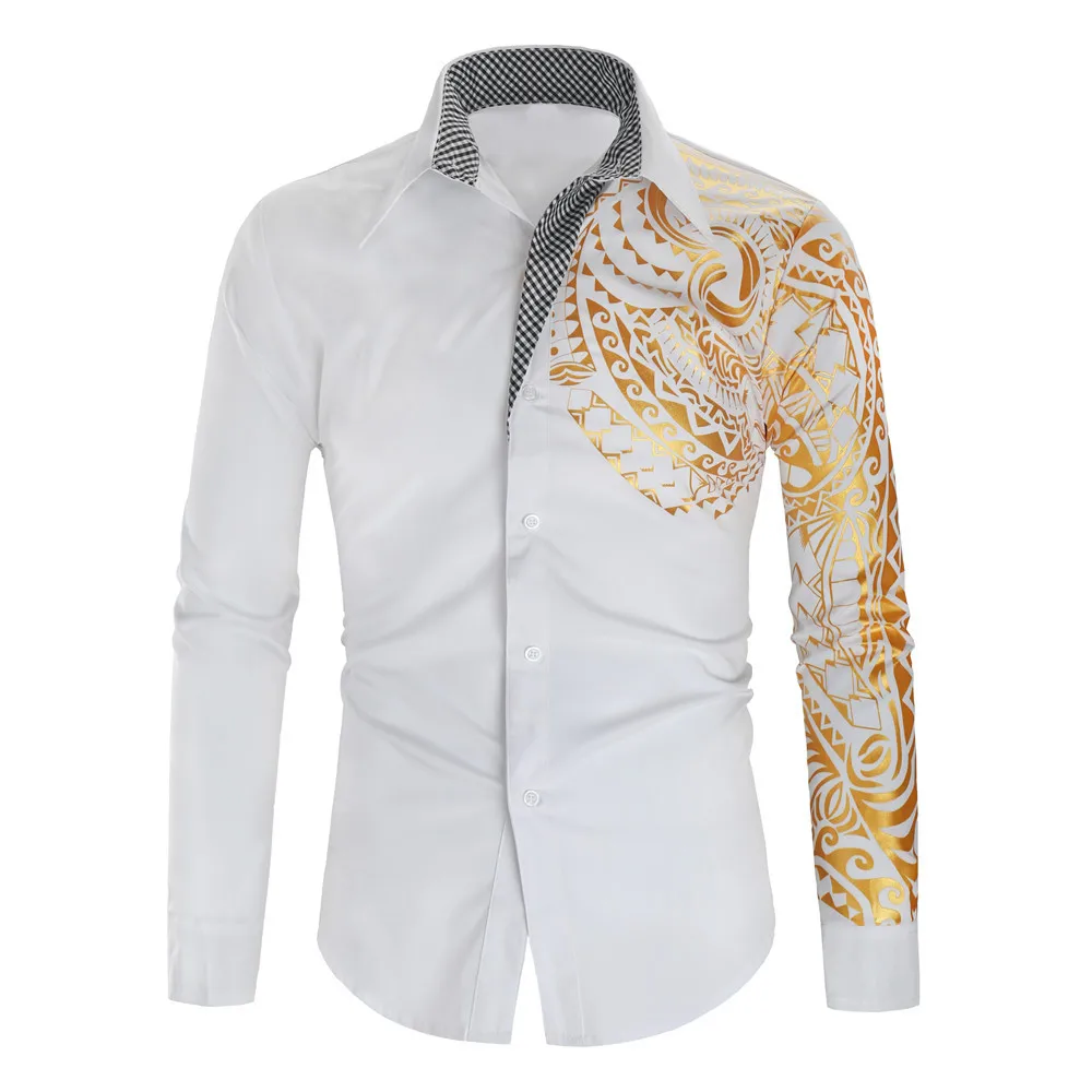 

2021 large size shirt men, ethnic dragon-print hot gold-rimmed long-sleeved shirt men, loose tops, men's shirts