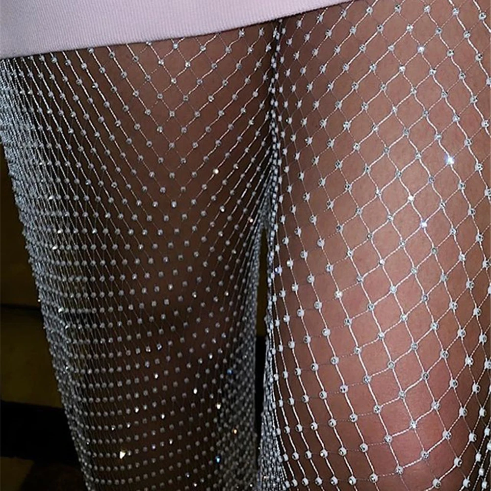 

Crystal Diamond Mesh Pants Women Sexy Summer Hollow Out Transparent Loose Long Fishnet Pants 2020 New BeachWear Trousers
