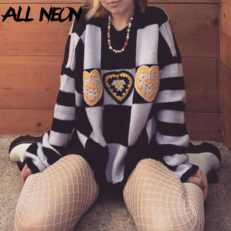 

ALLNeon Vintage Y2K Streetwear Patchwork Plaid Sweater Oversized Cute E-girl Harajuku Heart Crochet Trim Long Sleeve Knit Jumper