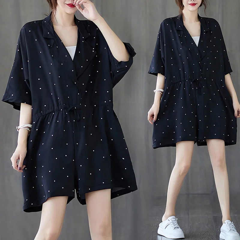 

Plus Size Jumpsuit Women Summer 2020 Dot Print Batwing Shorts Lapel Overalls Loose Elegant Jumpsuit For Women Pantsuit AA5595